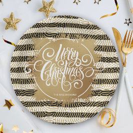 Gold Merry Christms Black White Stripes Papieren Bordje