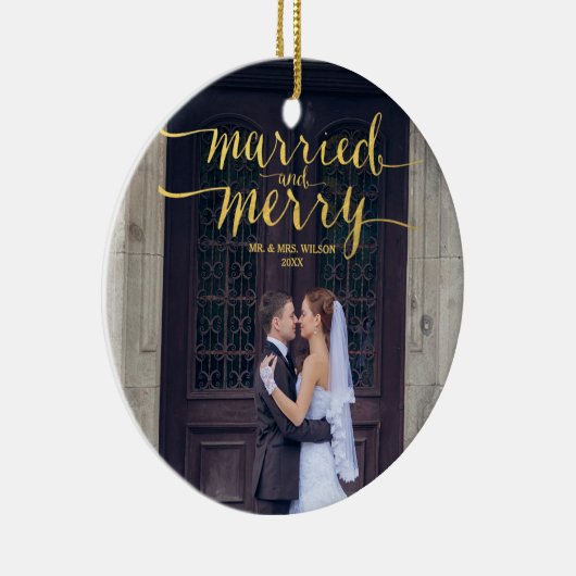 Gold Merry en getrouwde Passen getrouwd Holiday Fo Keramisch Ornament (Rechts)