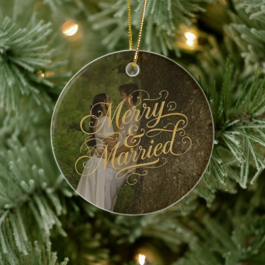 Gold Merry & Getrouwd Eerste Kerstvakantie Keramisch Ornament (Boom)