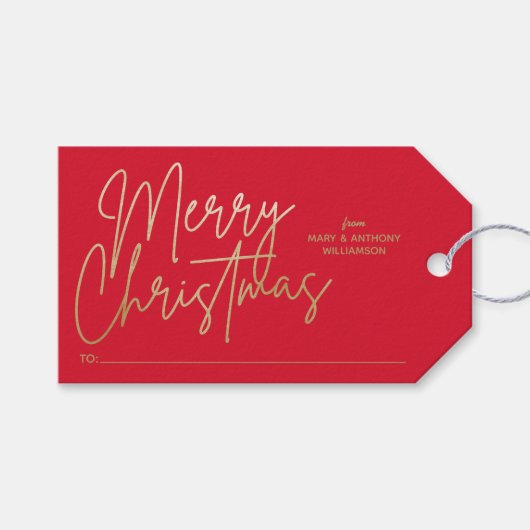 Gold Merry-kerst op rood Cadeaulabel (Voorkant (Horizontaal))