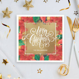 Gold Merry kerst Poinsettia Servet