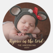 Gold Merry-kerst Religieuze Foto Kerstmis Ronde Sticker (Voorkant)