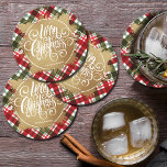 Gold Merry-kerstcadeautje Ronde Kartonnen Onderzetter<br><div class="desc">Vrolijk kerstfeest in witte kerkletters op een fluitje van faux goudfolie,  deze ronde onderzetters hebben een achtergrond van een rood,  groen en wit vakantievlak en zijn gepersonaliseerd met jouw naam. Borden,  luiers en nog veel meer in onze winkel.</div>