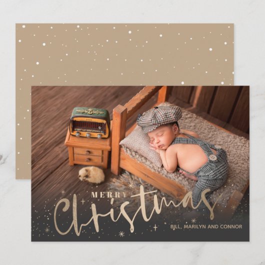 Gold Merry-kerstfoto geboorteaankondigingen Feestdagenkaart (Voorkant / Achterkant)