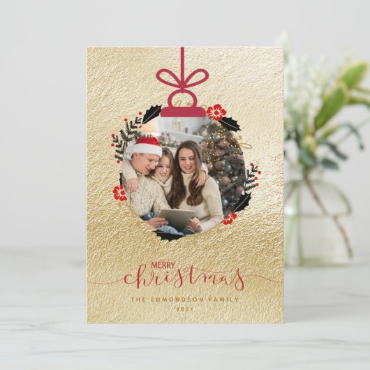 Gold Merry-kerstfoto-sierkaartje (Staand voorkant)