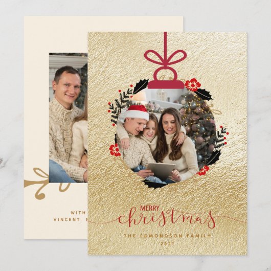 Gold Merry-kerstfoto-sierkaartje (Voorkant / Achterkant)