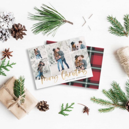 Gold Merry-kerstfotokaart Vijf Afbeeldingen Feestdagenkaart