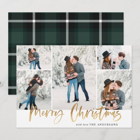 Gold Merry-kerstfotokaart Vijf Afbeeldingen Feestdagenkaart (Voorkant / Achterkant)