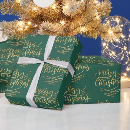  Gold Merry-kerstkalligrafie groen Cadeaupapier (Feestdagen)