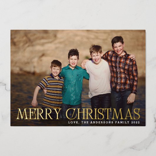 Gold Merry-kerstlandschapsfoto Folie Feestdagenkaart (Voorkant)