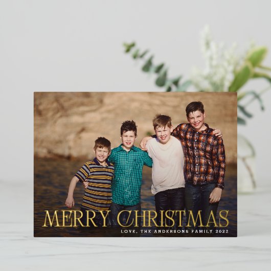 Gold Merry-kerstlandschapsfoto Folie Feestdagenkaart (Staand Voorkant)