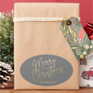 Gold Merry-kerstluxe grijs Ovale Sticker