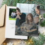 Gold Merry Kerstmis 2 familiefoto op maat gemaakt Feestdagenkaart<br><div class="desc">Elegant faux gouden scriptbedekking 2 aangepaste foto's familienaam en tekst op maat van de kerstfeestkaart.</div>