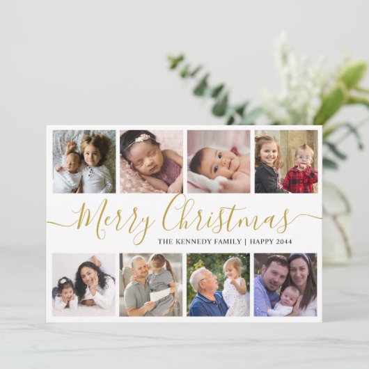 Gold Merry Kerstmis 9 Foto Collage Feestdagenkaart (Staand voorkant)
