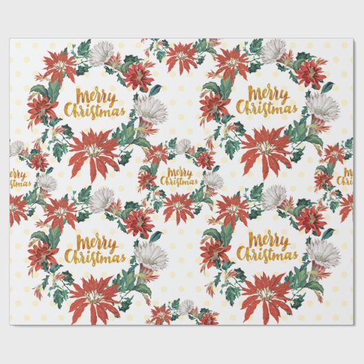 Gold Merry Kerstmis Floral Wreate met Poinsettia Cadeaupapier (Vlak)