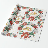 Gold Merry Kerstmis Floral Wreate met Poinsettia Cadeaupapier (Uitgerold)