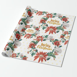 Gold Merry Kerstmis Floral Wreate met Poinsettia Cadeaupapier