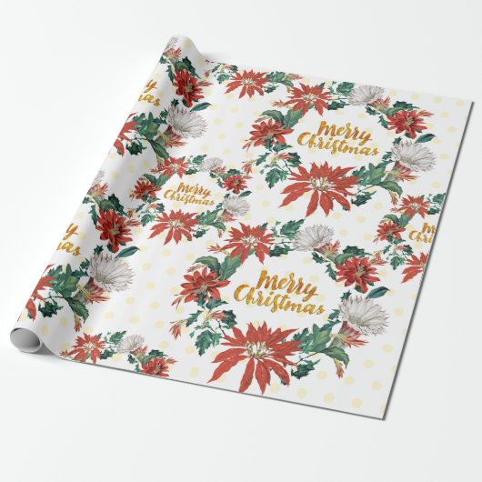Gold Merry Kerstmis Floral Wreate met Poinsettia Cadeaupapier (Uitgerold)
