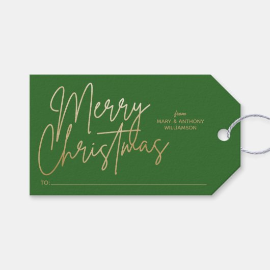 Gold Merry Kerstmis op groen Cadeaulabel (Voorkant (Horizontaal))