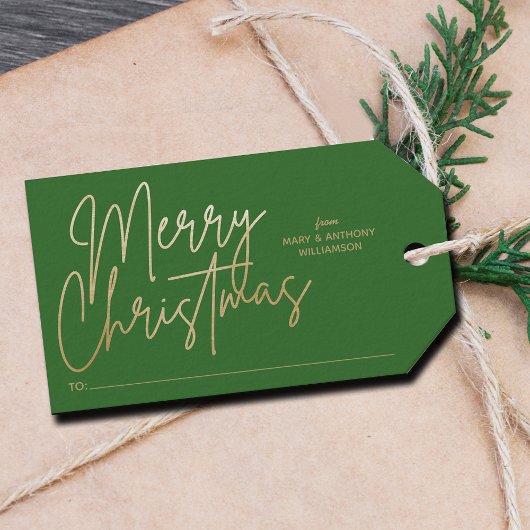 Gold Merry Kerstmis op groen Cadeaulabel