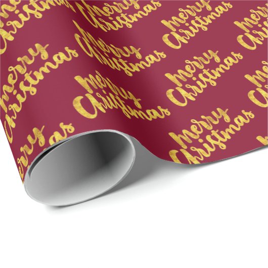Gold Merry-kerstscript Calligrafie Burgundy Cadeaupapier (Rol Hoek)