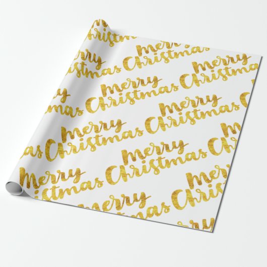 Gold Merry-kerstscript kalligrafie op White Cadeaupapier (Uitgerold)