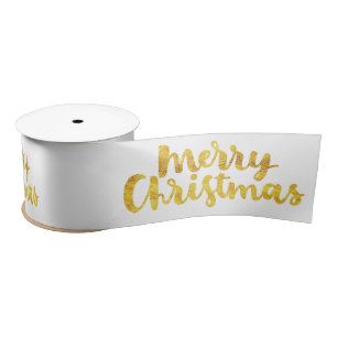 Gold Merry-kerstscript kalligrafie op wit Satijnen Lint