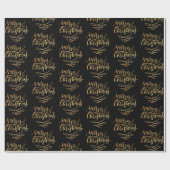 Gold Merry-kerstscript kalligrafie op zwart Cadeaupapier (Vlak)