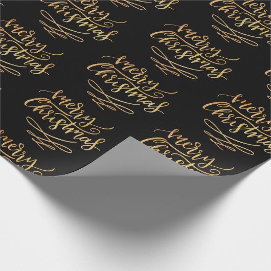 Gold Merry-kerstscript kalligrafie op zwart Cadeaupapier (Hoek)