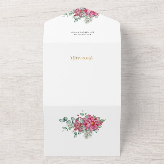 Gold Merry-kersttekst met Poinsettias en pine All In One Uitnodiging (Buitenkant)