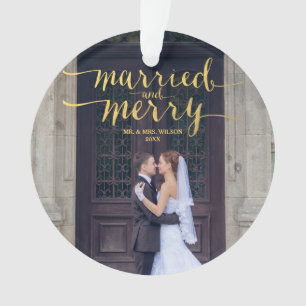 GOLD MERRY & MARRIED   FOTO HOLIDAY ORNAMENT
