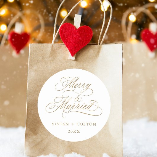 Gold Merry & Married Newly Weds Eerste Kerstdag Ronde Sticker
