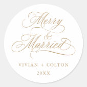 Gold Merry & Married Newly Weds Eerste Kerstdag Ronde Sticker (Voorkant)