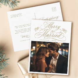Gold Merry & Married Newly Weds Kerstfoto Briefkaart