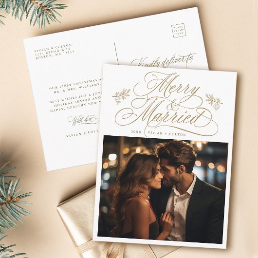Gold Merry & Married Newly Weds Kerstfoto Briefkaart