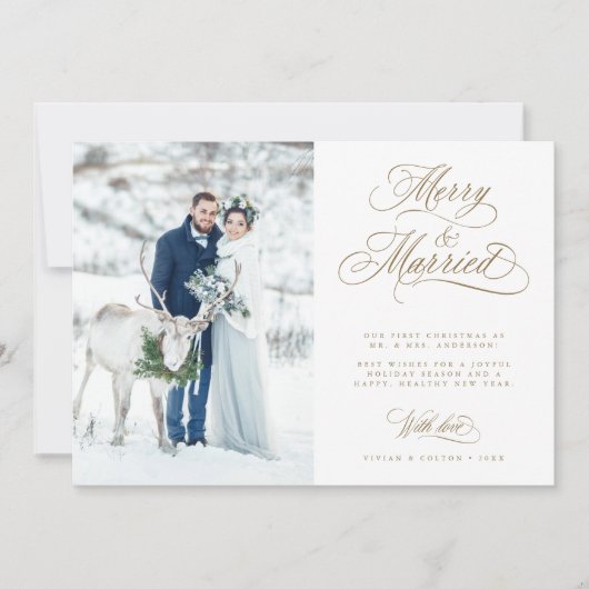 Gold Merry & Married Newly Weds Kerstfoto Feestdagenkaart (Voorkant)