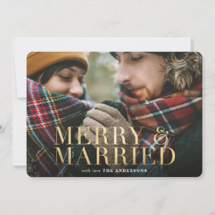 Gold Merry & Married Red Plaid-fotokaart Feestdagenkaart