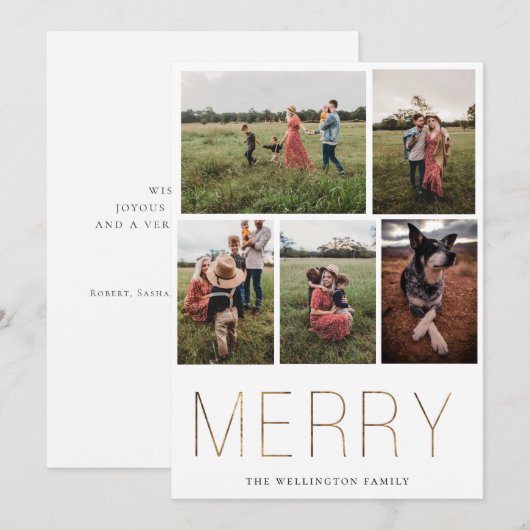 Gold MERRY Modern Photo Collage Holiday Card Feestdagenkaart (Voorkant / Achterkant)
