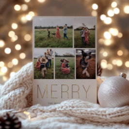 Gold MERRY Modern Photo Collage Holiday Card Sand Feestdagenkaart