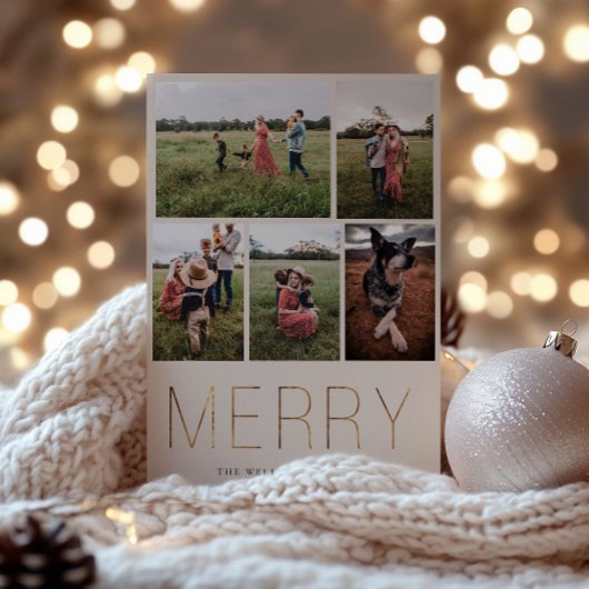 Gold MERRY Modern Photo Collage Holiday Card Sand Feestdagenkaart