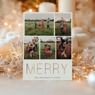 Gold MERRY Modern Photo Collage Holiday Kaart