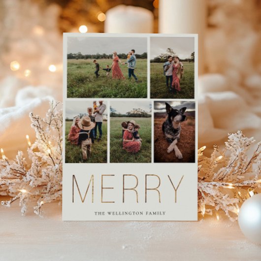 Gold MERRY Modern Photo Collage Holiday Kaart
