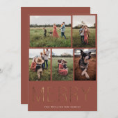 Gold MERRY Modern Photo Collage Holiday Kaart Rood (Voorkant / Achterkant)