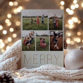 Gold MERRY Modern Photo Collage Holiday Kaart Sage