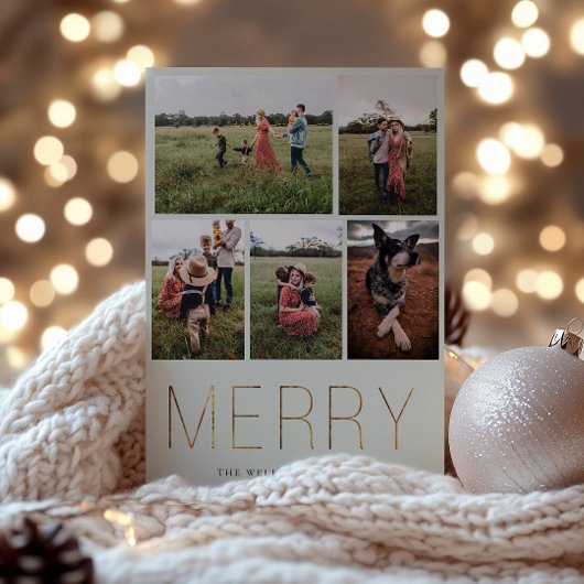 Gold MERRY Modern Photo Collage Holiday Kaart Sage