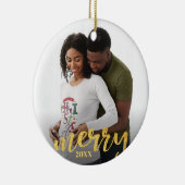 Gold Merry Pregnant Aangepast Foto Jaar Keramisch Ornament (Rechts)