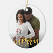 Gold Merry Pregnant Aangepast Foto Jaar Keramisch Ornament (Links)