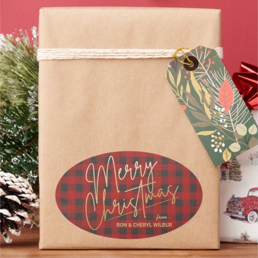 Gold Merry Red Buffalo Pset Ovale Sticker (Feestdagen)