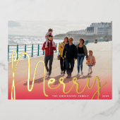 GOLD Merry | Rode gradiënt Happy kerstfoto Folie Feestdagen Briefkaart (Voorkant)