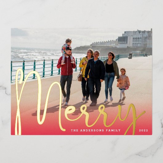 GOLD Merry | Rode gradiënt Happy kerstfoto Folie Feestdagen Briefkaart (Voorkant)